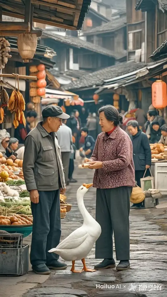 镜头跟进，主体动起来，大叔和阿姨打起来，拳脚相向，双拳齐开，你来我往。场面激烈，大鹅双翅展开，扑向二人。 by Hailuo AI Video Generator