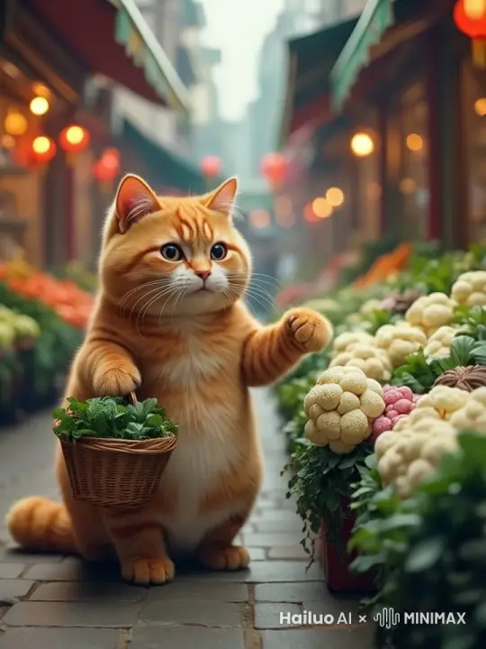 橘猫在菜市场选菜，并拿了一颗花椰菜到菜篮里 by Hailuo AI Video Generator