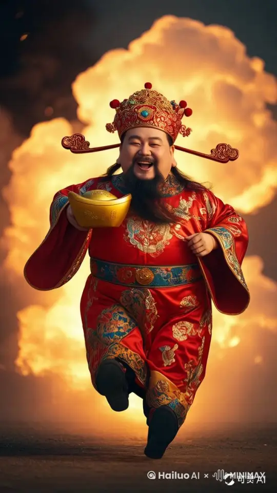 
真实摄影，高质量，超清画质，财神欢快地奔跑而来，他迈开大步，脚步轻盈而有力，身躯微微前倾，双臂大幅度摆动，怀中的金元宝随着他的动作轻轻晃动，闪烁着耀眼光芒。手中的如意高高扬起，仿佛在引领着财富的到来。他的表情兴奋且喜悦，眼神充满期待。身后的祥云如浪花般翻涌，五彩光芒交织其中。采用斜线构图，突出财神奔跑的速度感。艺术风格为富有动感的奇幻写实风，强调动作的流畅与活力。焦距设置为 50mm，清晰捕捉财神的每个动作细节。最后经过达芬奇大师后期调色，强化色彩的鲜艳度和对比度，营造出热烈欢快的氛围。专业构图，达芬奇大师后期调色 by Hailuo AI Video Generator