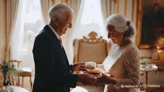 俩位老夫妻之间互相送礼物，纪念结婚50周年纪念日。 by Hailuo AI Video Generator
