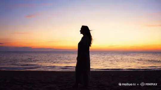 我想做一个女人在傍晚的沙滩上独自一个人忧愁的背影的（看起来有些忧伤的）视频 by Hailuo AI Video Generator