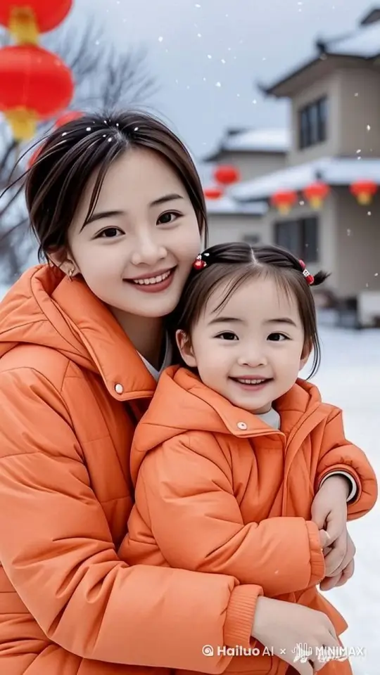 妈妈慢慢低下头看女儿的同时 女儿抬起头看着妈妈 两人对视而笑 by Hailuo AI Video Generator
