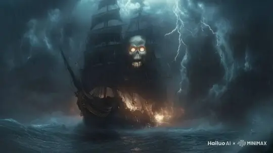 一艘幽灵船孤独地漂泊在无尽的海域，帆上骷髅标记彰显着死亡的气息，船身破旧，仿佛历经沧桑岁月，船员们早已成为海底的亡魂。船上的甲板布满腐朽的痕迹，破碎的木板上残留着血迹斑斑，黑暗的船舱内藏着无尽的秘密，幽灵船的传说流传在渔民之间。船上的灯火闪烁着幽幽的绿光，仿佛在向过往的船只发出警告，船帆在夜风中猎猎作响，宛如死神的呼唤回荡在海上。船头有一尊神秘的雕像，面容狰狞，眼中闪烁着邪恶之光，传说这艘船受到诅咒的束缚，永远无法到达彼岸的世界。船上的货物早已腐朽变质，堆积如山的宝藏无人敢触碰，幽灵船的航线无人能解，它在黑暗中寻找着复仇的目标。船上有一本古老的航海日志，记录着船员们生前的罪行，每一个字都充满诅咒的力量，诉说着船员们永恒的痛苦。幽灵船在海上漫游不知疲倦，帆上的骷髅标记愈发醒目，它在寻找下一个猎物，将诅咒传递给更多的灵魂。船上的一切都显得诡异而恐怖，但总有冒险者试图揭开它的秘密，然而，他们无一例外地消失，成为幽灵船的一部分。 by Hailuo AI Video Generator