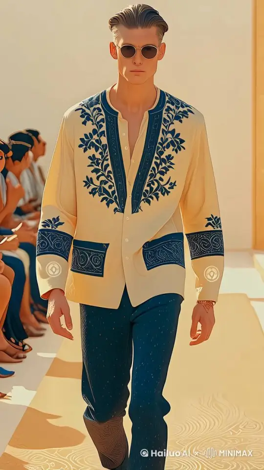 模特身穿刺绣服装，走秀。 by Hailuo AI Video Generator