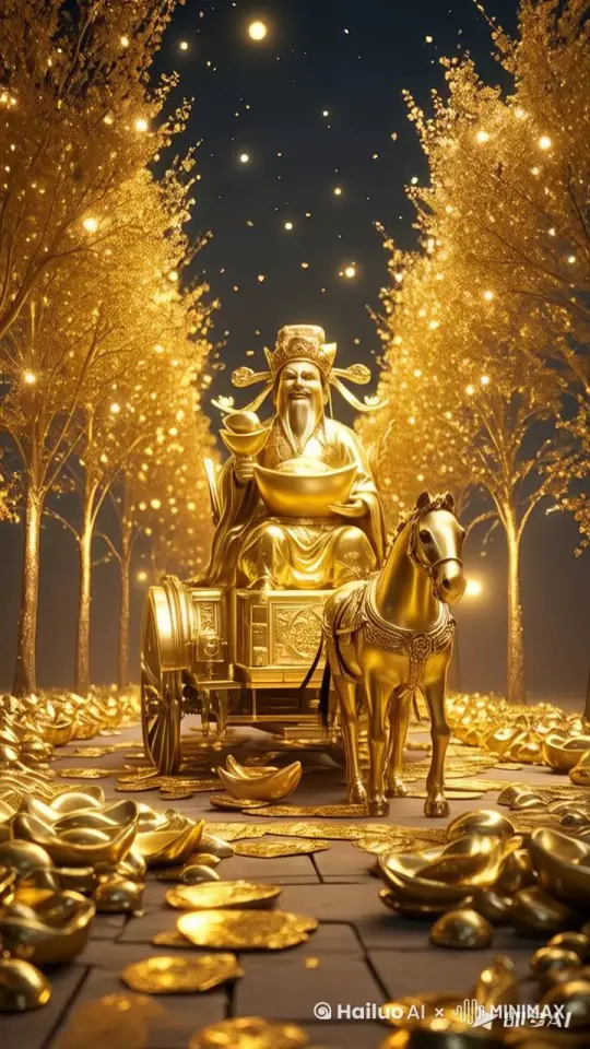 金马，闪耀神秘光芒，拖着纯金财神， 财神在马车上，马车纯金打造，装满元宝，还有街道也是纯金的，两边种满发财树，金碧辉煌，地上全是金元宝，散落一地。两边纯金的发财树，过度自然， by Hailuo AI Video Generator