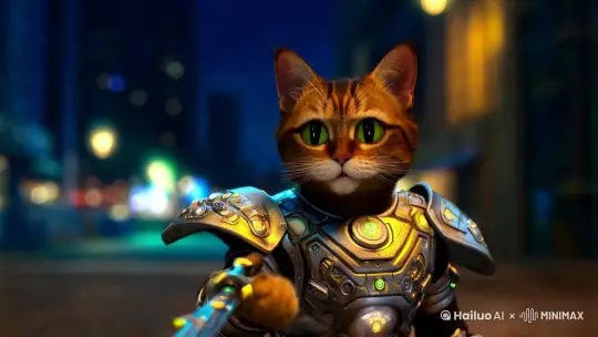 这幅图展示了一只穿着未来科技风格盔甲的猫咪。猫咪的表情非常可爱，眼睛大而圆，显得十分机灵。它身穿一套金属质感的盔甲，盔甲的设计充满了科幻元素，细节丰富，颜色主要是银色和金色，给人一种坚固且高科技的感觉。

猫咪右手持有一把剑，剑柄上也有复杂的机械结构，与整体的科技感相呼应。背景模糊，呈现出一种夜晚城市的氛围，灯光朦胧，增加了画面的神秘感和未来感。

整体来看，这幅图将英勇的猫咪形象与未来科技元素巧妙结合，形成了一种独特的视觉效果，既有趣又充满想象力。 by Hailuo AI Video Generator