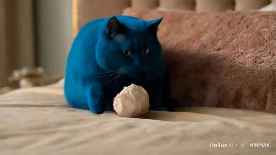 蓝色的胖猫人在床上玩纸团 by Hailuo AI Video Generator