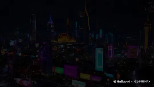 帮我画一幅未来100年后泰国曼谷的夜晚城市图，整个城市涵盖的范围要大，要求是写实赛博朋克风格，要有代表性的建筑物，以及一些未来科技元素，比如悬浮的交通工具 by Hailuo AI Video Generator