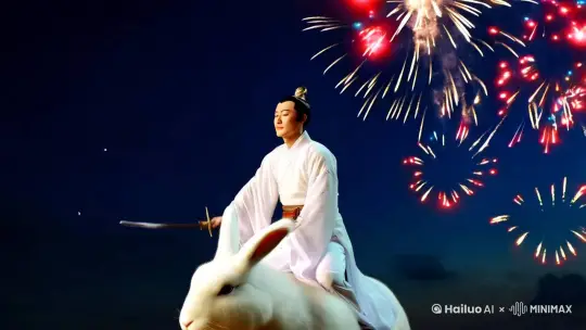 一位身穿白衣道士骑着兔子飞行，用剑画出2025，背景是天空有烟花 by Hailuo AI Video Generator