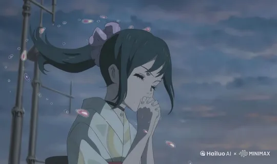 头发随着风飘动，雨珠随着图片其中的人物缓缓旋转上升，双手的动作有散开，到合拢 by Hailuo AI Video Generator