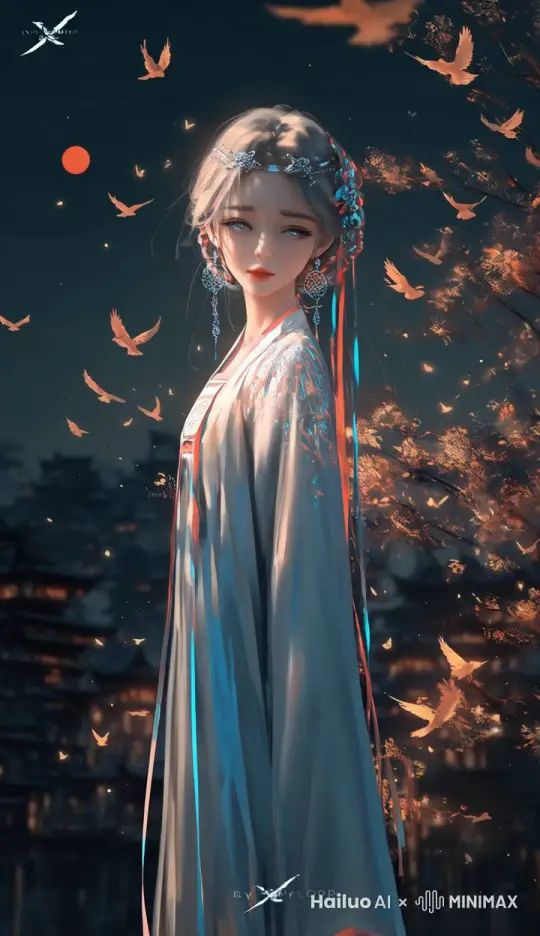 一个古代女子，衣服和头发随风飘动，背后灯火阑珊，镜头保持稳定，画面梦幻 by Hailuo AI Video Generator