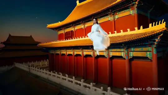 （夜幕降临，故宫的灯火渐次亮起，勾勒出这座古老宫殿的轮廓）一位穿着古装的白衣女子，（她身姿轻盈，如同仙子降临凡间）在故宫城上空飞翔。

她的裙摆随风飘动，（宛如一朵洁白的云彩）在月光的映照下，更显得如梦如幻。（她的眼神清澈而坚定，仿佛在探寻着这座宫殿的秘密）

（下方的故宫建筑群巍峨壮观，红墙黄瓦，雕梁画栋）白衣女子俯瞰着这一切，心中涌起一股对历史的敬畏之情。（她似乎穿越了时空，见证着故宫的兴衰荣辱）

突然，一阵微风吹过，（她的身影在风中若隐若现）仿佛要融入这夜色之中。（最终，她消失在天际，只留下一抹淡淡的白色痕迹） by Hailuo AI Video Generator