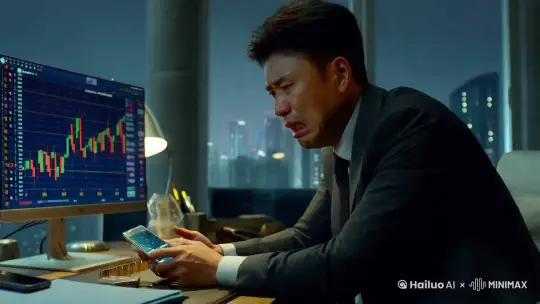 一位中国股民，在股市爆跌后，面对电脑屏幕，一脸茫然，疯狂怒摔手机 by Hailuo AI Video Generator