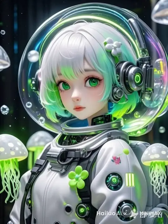 水母游动，头发自然飘动，眨眼 by Hailuo AI Video Generator