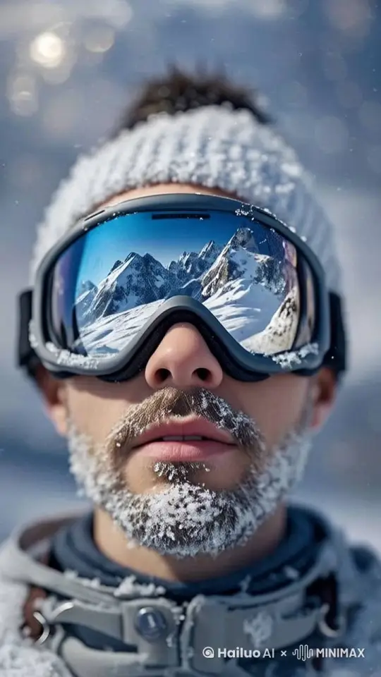 微缩摄影，一个亚洲人戴上滑雪护目，镜头转向人物前方他眺望的雪山 by Hailuo AI Video Generator
