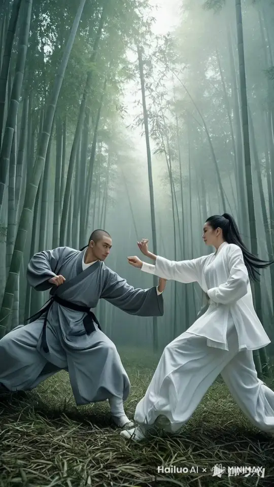 "镜头移动，动态跟随，展现两个人史诗般的激烈打斗场面，两个人正在进行惊心动魄的中国功夫对决。
左边的人右脚轻点地面，身体如旋风般旋转，左腿高高抬起，以一记凌厉的侧踢攻向对手的头部，速度极快。右边的人一个前滚翻躲开，起身时双腿连环踢出，腿影重重，令人眼花缭乱。两人的招式变化无穷，身影在环境中快速移动，忽左忽右，地面灰尘四起，展现出中国功夫的博大精深。周围的人欢呼雀跃、拍手叫好。"
 by Hailuo AI Video Generator