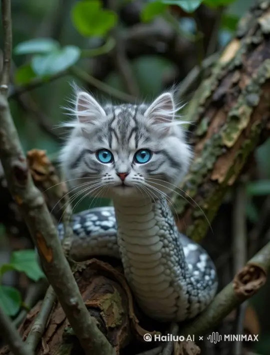 猫头喵喵叫，蛇身体缓缓蠕动盘缠在一起 by Hailuo AI Video Generator