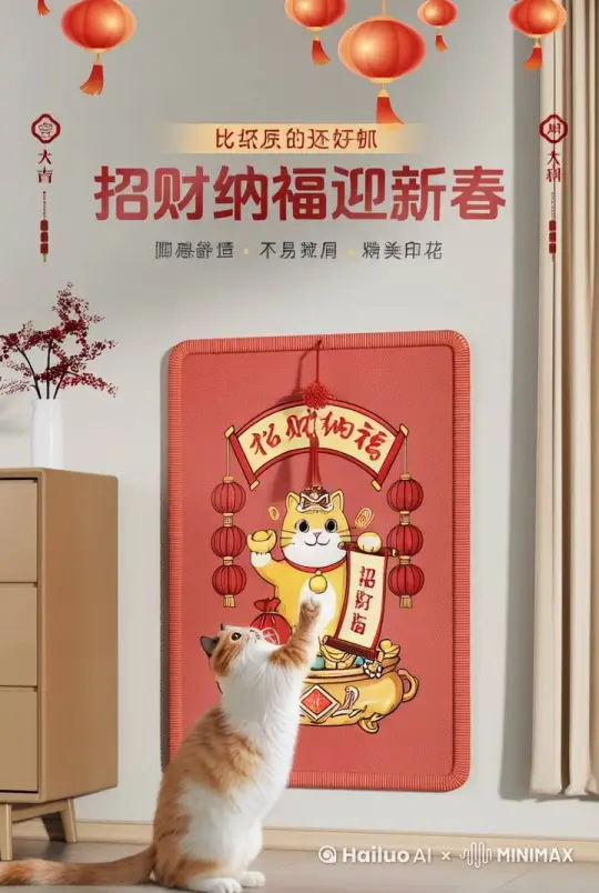 猫咪扑腾在墙上的猫抓板上，然后，后脚站地面上，前爪不停的用力抓挠着贴在墙上面的喜庆的猫抓板 by Hailuo AI Video Generator