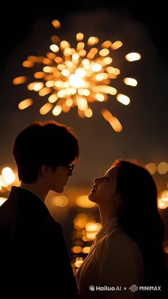烟花漫天绽放，情侣在绽放的烟花下热情拥吻，氛围浪漫、美好 by Hailuo AI Video Generator
