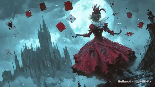 扑克在漫天飞舞，发出魔法的光晕 by Hailuo AI Video Generator
