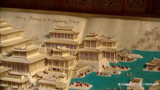 清明上河图卷轴从左上向右下自己打开，里面建筑立体起来，衍纸艺术效果，层次丰富，象牙材质，透明度10%，人物在打开的画卷内走动、叫卖。神秘感，整体以白色为主和浅金色为辅助夹杂一些绿松石色。暖色调 by Hailuo AI Video Generator