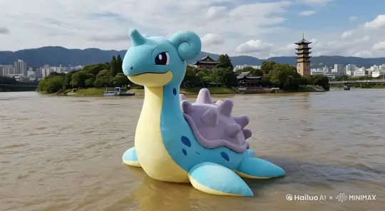 拉普拉斯在江心屿附近慢慢地遨游并不断拍打水面溅起水花 by Hailuo AI Video Generator