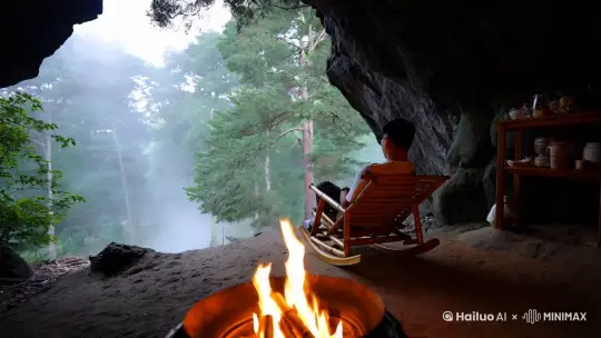 摄影风格，一个山洞内景，洞口向外延伸，可以看到外面的树木和雾气  ，洞内有一个灶台，灶台里有火光  ， 旁边一个亚洲人趟在竹制摇椅上，背对镜头。灶台旁边有一个木制的架子，上面放着一些物品。外面的树木和雾气营造出一种神秘的氛围。超清画质，8K by Hailuo AI Video Generator