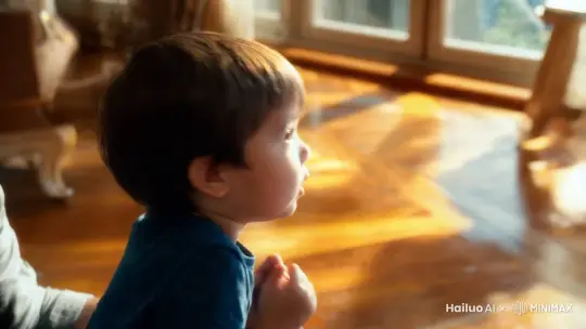 温馨的房间里，阳光透过窗户洒在地上，形成一片片金色光影。近景中，一个有着圆圆脸蛋、眼睛清澈明亮的五岁小男孩，一脸期待地仰头面向父亲，小手轻轻拉着父亲的衣角，奶声奶气地问道：“爸爸，帮我制作一个机甲战争的动画片吗？”父亲看着孩子，眼神里满是宠溺，看着小男孩会心一笑，眼角的鱼尾纹都透着慈爱，整个画面洋溢着浓浓的父子温情。 by Hailuo AI Video Generator