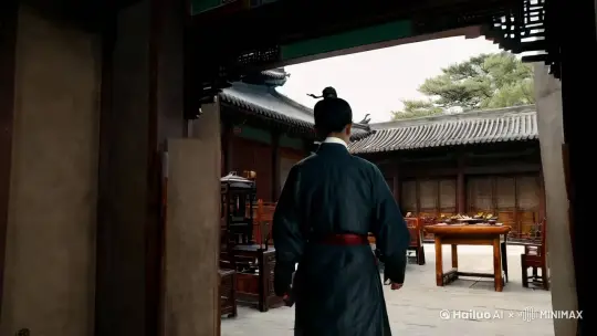 画面是一间春秋时期的中式建筑，一个穿古装衣服的背影，顺着大门走进去，走到桌子前。镜头环视周边，都是木质家具。 by Hailuo AI Video Generator