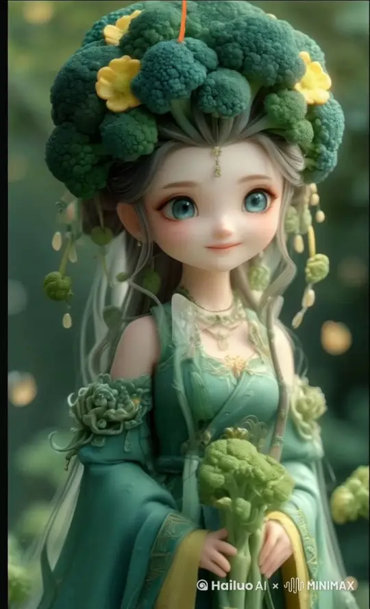 美丽的西兰花仙子微笑着和我们招手打招呼 by Hailuo AI Video Generator