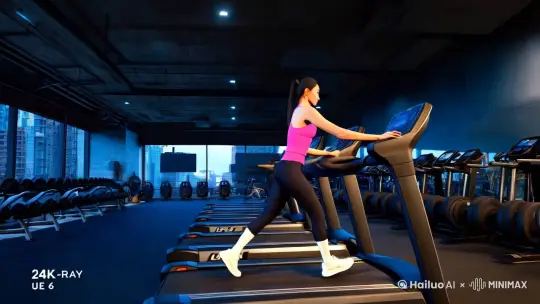 基础：一名美女，正在跑步机上跑步健身。
美女：一米八左右，二十六岁左右，皮肤白皙，黑色长直发，长发及腰，用带子系起来。粉色修身瑜伽上衣，黑色修身长裤，白色短袜。
背景：大都市的健身房内。
超写实风格，超现实主义，广角镜头，平移摄影，24K蓝光画质，UE6渲染。
 by Hailuo AI Video Generator