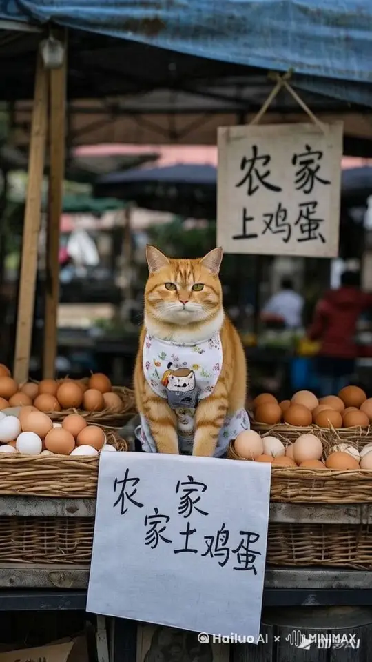 猫咪举手招呼过往的人群购买鸡蛋，动态，张开小嘴 by Hailuo AI Video Generator