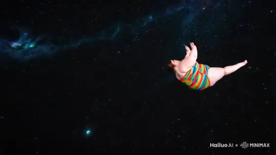 一个大胖子，穿着泳衣，在外太空“游泳”的动作姿势，“画面生动自然”“ by Hailuo AI Video Generator