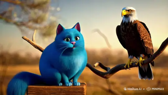 一个蓝色的非常胖的猫和一只老鹰说话 by Hailuo AI Video Generator