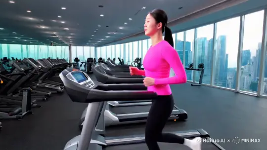 基础：一名中国美女，正在跑步机上跑步健身。
美女：一米八左右，二十六岁左右，皮肤白皙，黑色长直发，长发及腰，用带子系起来。粉色修身瑜伽上衣，黑色修身长裤，白色短袜。
背景：大都市的健身房内。
超写实风格，超现实主义，广角镜头，平移摄影，24K蓝光画质，UE6渲染。
 by Hailuo AI Video Generator
