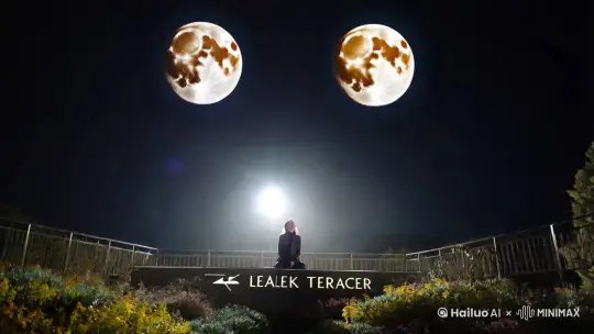 黑夜的韭菜坪上天上闪耀着两个硕大的月亮，主角坐在韭菜坪上看着两个闪耀的月亮 by Hailuo AI Video Generator