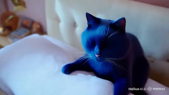 一只蓝色的猫正准备上床睡觉，过了几秒后一只黄色的龙跑到了蓝色的猫的床上，后面又来了一个穿着24号黄色球衣的黑人也上了蓝色的猫的床 by Hailuo AI Video Generator