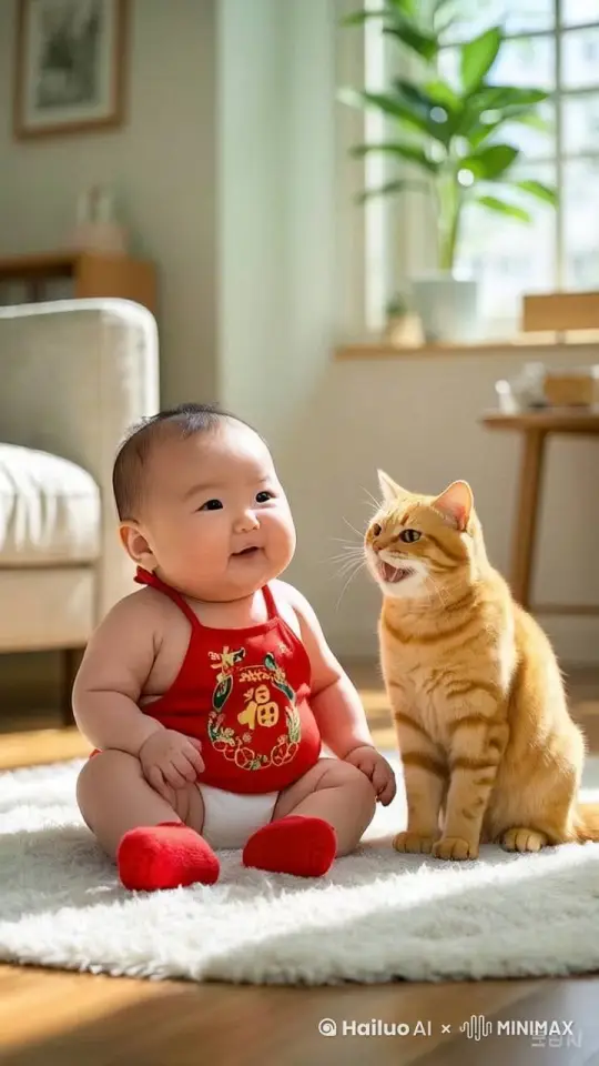 娃娃哈哈大笑，扒手鼓掌，猫哈哈大笑，拍手鼓掌，跳三次，最后他们相互拥抱，拍后背安抚对方，温馨和美的画面 by Hailuo AI Video Generator