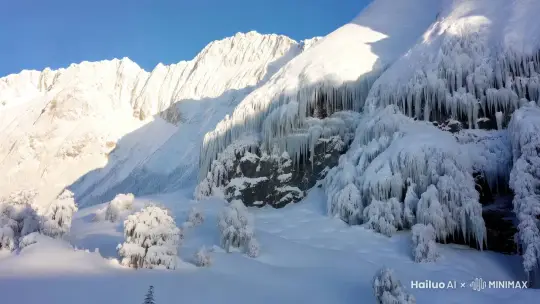 绝美冬景，全景构图。第1 - 2秒，山川被雪覆盖（主体：山川；环境：雪地；景别：大全景；运镜：平移；光影：自然光；氛围：宁静；色彩风格：银白主调），挂满冰凌的树木在侧（陪体：树木；陪体一致性：位置分散在山川间，白色冰凌），松鼠跳跃（主体运动：跳跃；速率：正常；角色一致性：棕色毛发，灵动活泼，雪地环境）。第3 - 4秒，雪花飞舞（运动：飘落；运镜：推进；视角：俯拍），小鹿觅食（主体：小鹿；动作：觅食；色彩风格：与雪景融合）。第5 - 6秒，小动物嬉戏（主体运动：嬉戏；镜头语言：固定镜头；速率：稍快），阳光洒雪地（光影：侧光；色彩风格：明亮），画面定格全景。 by Hailuo AI Video Generator
