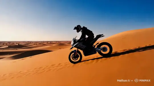 帮我制作一个人，骑着拉力摩托车，行驶在荒漠边缘 by Hailuo AI Video Generator