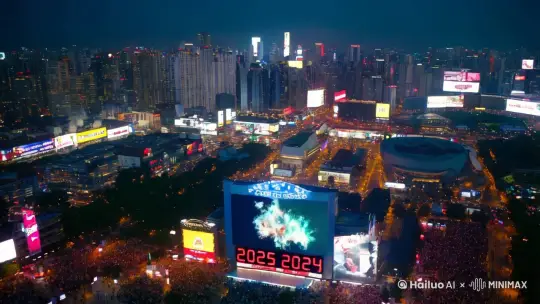 镜头从高处开始，俯瞰一座繁华都市的心脏地带——市中心广场。此时正是除夕夜，广场被装点得如同白昼，五光十色的霓虹灯交织闪烁，巨大的LED屏幕上正在播放着倒计时的数字。随着倒数声越来越接近零点，还要展示倒计时到零后，人群的情绪也达到了高潮。镜头慢慢下降，穿过人群上方，最终停在一个由三代同堂组成的小家庭面前。长辈们慈祥地笑着，年轻人则充满活力地欢呼着，孩子们手里拿着发光的小棒，眼睛里满是对未来的憧憬。突然之间，天空中爆发出一轮又一轮绚丽多彩的烟花，每一片花瓣都像是对新一年的美好祝福。这些光影洒落在每一个人的脸上，映衬出无比灿烂的笑容。镜头继续环绕，记录下这一刻所有人的快乐瞬间，包括那些挂在枝头的红灯笼，以及随风轻摆的彩色气球。整个画面充满了浓浓的节日气息，色彩鲜艳而不失和谐，光线柔和且层次分明，完美诠释了2025新年伊始的那份喜悦与希望。 by Hailuo AI Video Generator