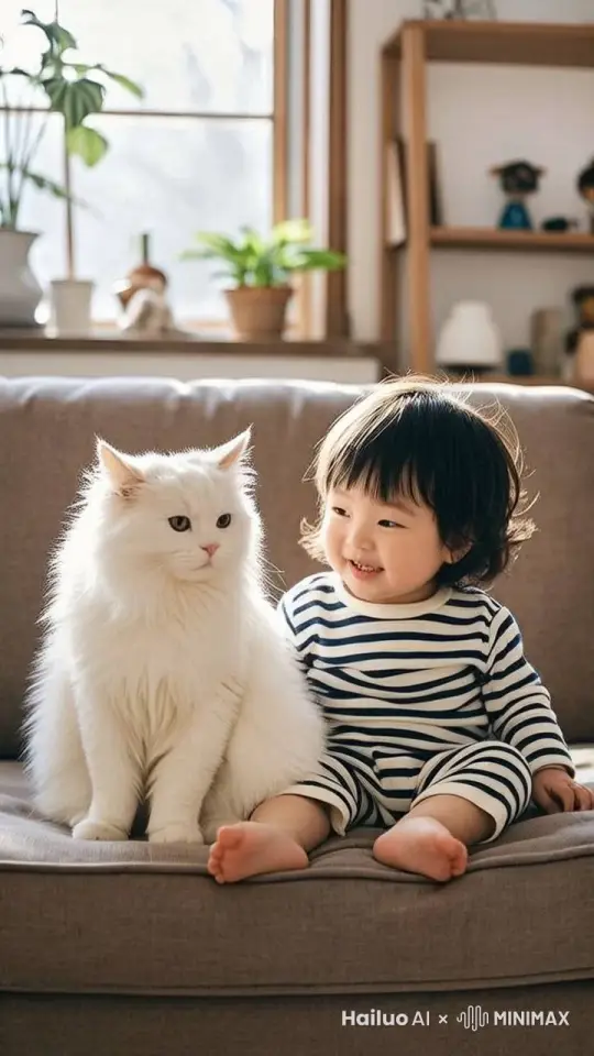 猫和婴儿对视，然后面对镜头，抱在一起，婴儿笑得很开心。 by Hailuo AI Video Generator