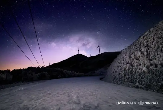 镜头以第一视角展现夜空中出现一群流星雨，流星雨群划过夜空留下一道道白色的痕迹，痕迹消失后出现了笼罩了整个天空的绿色极光，镜头由远到近慢慢拉近，最后呈现出极光的美丽和壮观的感觉 by Hailuo AI Video Generator
