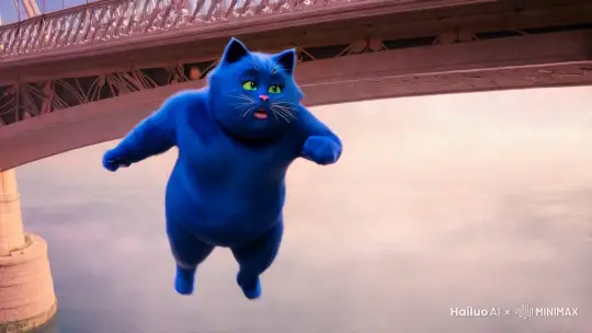 一个蓝色的胖猫人从桥上跳下去了 by Hailuo AI Video Generator
