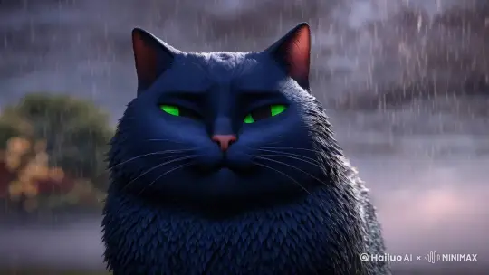 一个深蓝色的胖猫，孤独的在雨中，留下一滴晶莹的眼泪，雨下的很大，打雷了，胖猫绝望的闭上眼睛 by Hailuo AI Video Generator