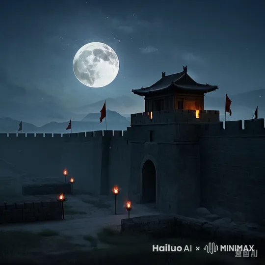 分镜头：全景
主体：古代明月、边关
场景：夜晚，一轮明月高悬在天空，照耀着古老的汉朝边关城墙，城墙上插着汉朝的旗帜。
风格：史诗、怀旧
运动：镜头缓慢推进，从明月开始，逐渐展现边关的全貌，城墙上的火把光影摇曳。 by Hailuo AI Video Generator