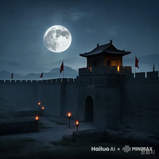 分镜头：全景
主体：古代明月、边关
场景：夜晚，一轮明月高悬在天空，照耀着古老的汉朝边关城墙，城墙上插着汉朝的旗帜。
风格：史诗、怀旧
运动：镜头缓慢推进，从明月开始，逐渐展现边关的全貌，城墙上的火把光影摇曳。 by Hailuo AI Video Generator