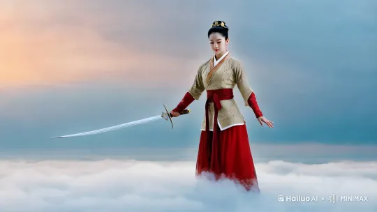 要描述一个古风美女穿着汉服、手持长剑在云层中穿梭的具体动作，可以结合古风舞蹈、武术动作以及飞翔的姿态来进行描述。以下是一个详细的动作描述：

### 1. **起始姿势：**
   - 她站立于云端，双脚微微分开，保持平衡。身体直立，头部微微仰起，展现出自信和优雅的姿态。
   - 她的右手握住长剑，剑尖微微下垂，左手自然下垂，手指微微弯曲，显得优雅而从容。

### 2. **准备动作：**
   - 她开始缓缓移动，右脚向前迈出一步，脚尖轻轻点地，左脚跟随，身体微微前倾，仿佛在云层中滑行。
   - 她的右手开始缓缓抬起，剑尖指向天空，左手也随之抬起，手心向外，展现出一种准备出击的姿态。

### 3. **舞剑动作：**
   - 她开始舞动长剑，动作流畅而有力。剑在空中划出优美的弧线，时而快速旋转，时而缓慢移动，仿佛在云层中书写着古老的符文。
   - 她的身体随着剑的动作而转动，腰部灵活地扭动，双脚在云端轻盈地跳跃，展现出高超的武艺和优雅的姿态。

### 4. **飞翔姿态：**
   - 在舞剑的过程中，她的身体时而跃起，时而落下，仿佛在云层中飞翔。她的双脚轻轻点地，然后迅速弹起，身体在空中划出优美的曲线。
   - 她的双臂展开，右手持剑，左手轻轻摆动，仿佛在引导着剑的方向，展现出一种自由和灵动的感觉。

### 5. **旋转动作：**
   - 她开始旋转，身体在云层中快速转动，剑在空中划出圆圈，仿佛在施展某种古老的法术。
   - 她的双脚交替点地，身体轻盈地旋转，双臂随着旋转的动作而摆动，展现出一种优雅而有力的美感。

### 6. **结束动作：**
   - 她的动作逐渐放缓，身体缓缓落下，双脚轻轻着地，剑尖再次下垂，左手自然下垂，手指微微弯曲，恢复到起始的优雅姿态。
   - 她的目光望向远方，仿佛在思考着什么，然后轻轻转身，准备继续在云层中穿梭。

### 总结：
这个古风美女的动作结合了舞蹈的优雅和武术的力量，展现出一种自由、灵动和优雅的美感。她的每一个动作都充满了韵律和节奏，仿佛在云层中舞动出一幅美丽的画卷。

希望这个描述能够满足你的需求，如果有任何其他要求或需要进一步的细节，请随时告诉我。′ by Hailuo AI Video Generator