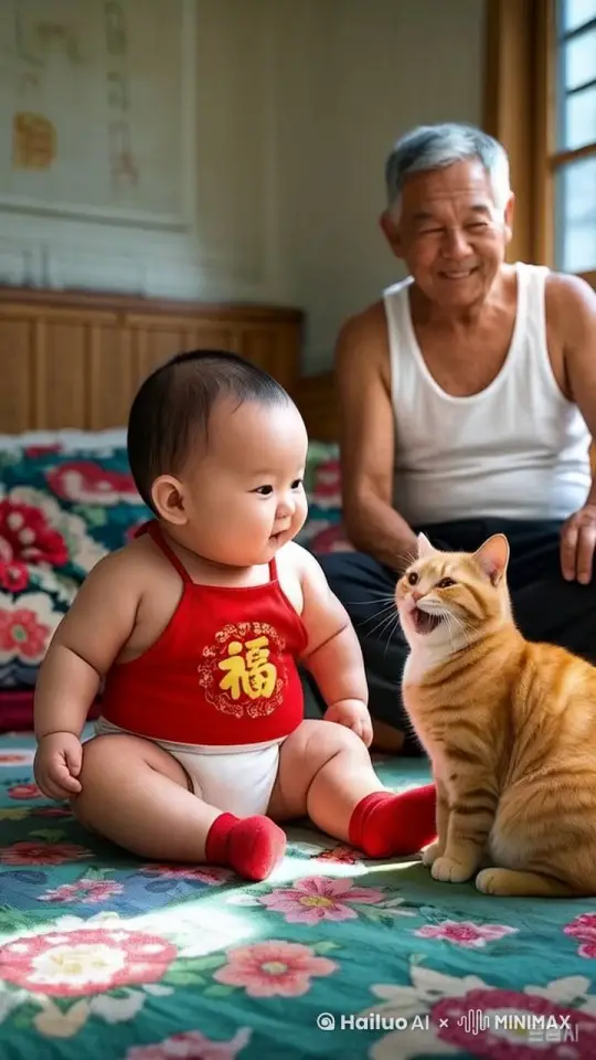 娃娃哈哈大笑，拍手鼓掌，猫也拍手鼓掌哈哈大笑，，最后猫和婴儿拥抱，拍后背安抚对方，老奶奶也笑的非常开心。温馨和美的画面。 by Hailuo AI Video Generator