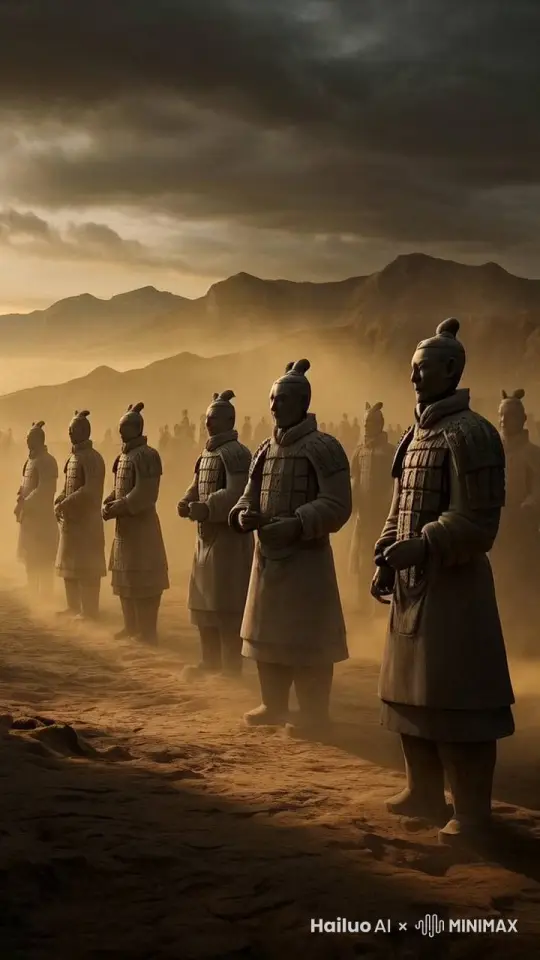 一排兵马俑在跳舞，气势磅礴，史诗级别，脚下尘土飞扬 by Hailuo AI Video Generator